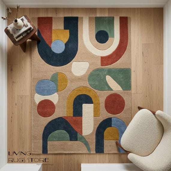 8x10 Modern Geometric Area Rug, Hand Tufted Abstract Wool Bauhaus Mid Century Floor Carpet, Colorful Arch Wool Rug for Living Room Bedroom
