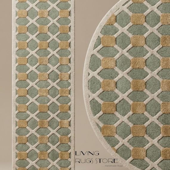 Geometric Hand Tufted Area Rug | 8x10 Sage Green and Beige Trellis Carpet | Modern Lattice Wool Rug for Living Room Bedroom | Custom Sizing