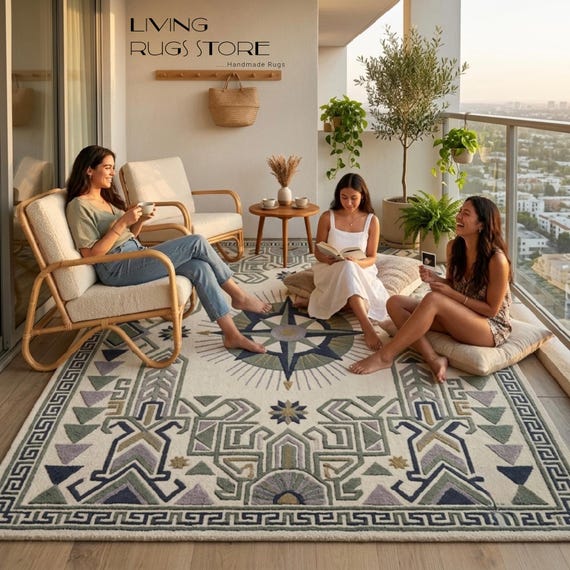 Southwestern Compass Star Area Rug | Cream, Navy & Olive Tribal Living Room Rug | Hand-Tufted Geometric Wool Rug | Custom Luxury 8x10  9x12