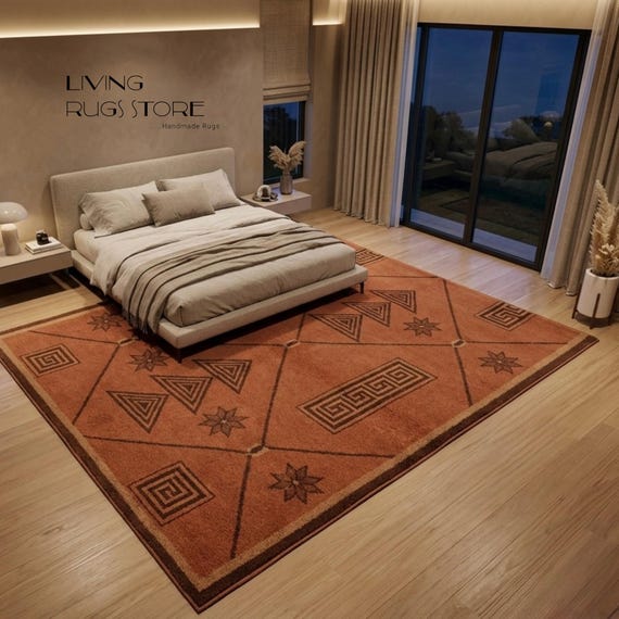 Hand-Tufted Terracotta Geometric Area Rug | Premium New Zealand Wool Living Room Carpet | Rust & Brown Aztec Boho Rug  Custom Size 8x10 9x12