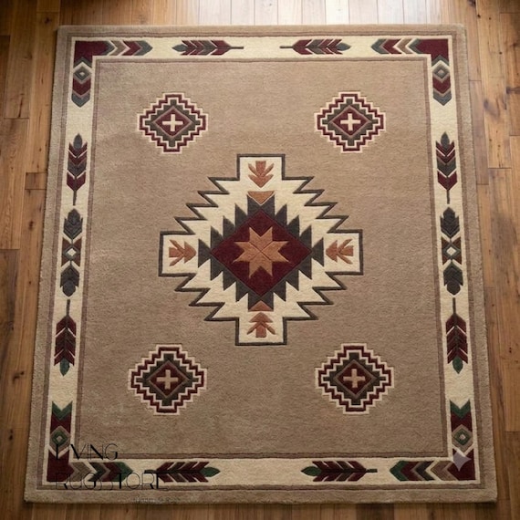 9x12 Southwestern Tribal Area Rug, Hand-Tufted New Zealand Wool Cut Pile Rug, Rustic Western Medallion Carpet for Living Room or Cabin