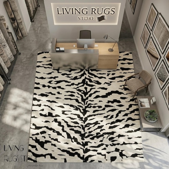 Black and White Tiger Stripe Wool Area Rug, Hand-Tufted New Zealand Wool Cut Pile Rug, Modern Animal Print Carpet for Living Room, Custom