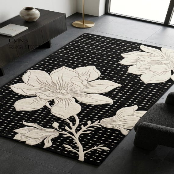 9x12 Modern Black and White Floral  Rug | Hand Tufted Large Flower Area Rug | Contemporary  Living Room Carpet Bedroom Aesthetic Custom rug