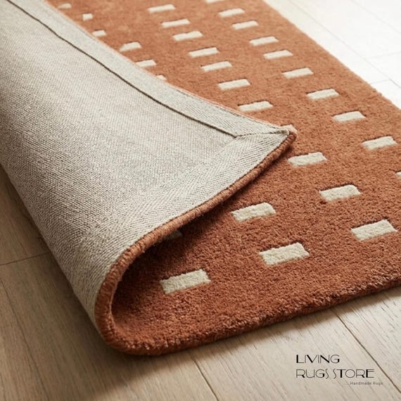 Terracotta Geometric Area Rug, Hand-Tufted Rust Orange Modern Rug, Custom Wool Dash Pattern Carpet for Living Room Bedroom, Mid Century Rug