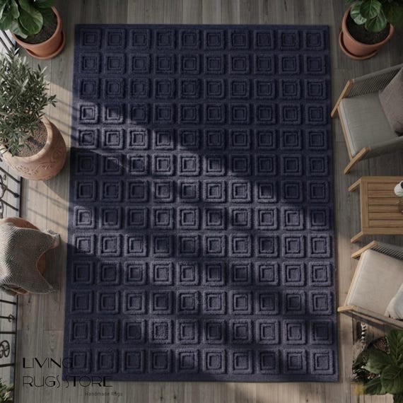 Hand Tufted Wool Rug Navy Blue Geometric Waffle Pattern 8x10 Modern Textured Area Rug for Living Room, High Low Pile Custm Rug