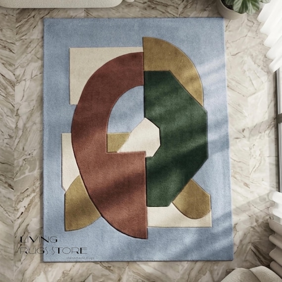 8x10 Modern Abstract Geometric Area Rug | Hand-Tufted Luxury New Zealand Wool Rug | Mid-Century Colorful Rug for Living Room & Bedroom Decor