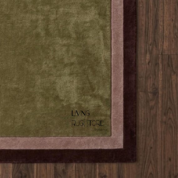 Olive Green Wool Area Rug, Hand-Tufted New Zealand Wool Cut Pile Rug, Double Border Pink Burgundy Wine Carpet for Living Room, Custom Sizes