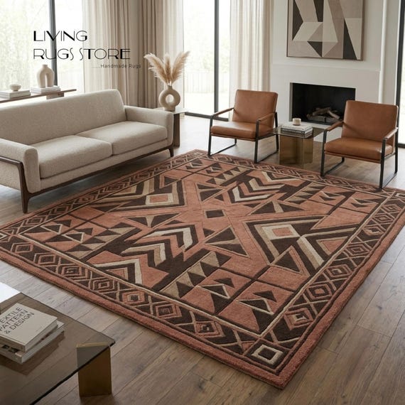 12x15 Southwestern Geometric Area Rug | Terracotta & Brown Modern Embossed Wool Rug | Hand-Tufted Custom Room Decor | Boho Living Room,
