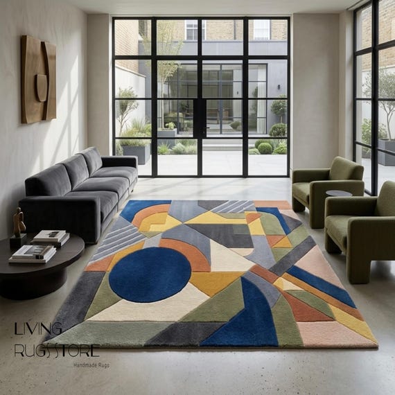 Colorful Bauhaus Area Rug, Geometric Abstract Hand-Tufted New Zealand Wool Cut Pile Rug, Mid-Century Modern 3D Sculpted Carpet, Custom Sizes