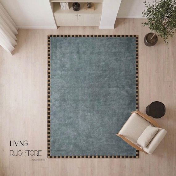 Slate Blue Wool Area Rug, Hand-Tufted New Zealand Wool Cut Pile Rug, Checkered Border Dusty Blue Carpet for Living Room, Custom Sizes