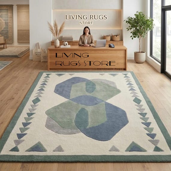 9x12 Modern Abstract Geometric Area Rug | Hand-Tufted Pastel Blue & Green Wool Carpet | Luxury Living Room Decor | Custom Size Rug