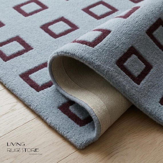 Hand-Tufted Geometric Area Rug | Light Blue & Burgundy Square Pattern | Modern Wool Rug for Living Room, Bedroom | Custom Size Aesthetic Rug