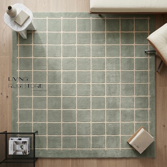 Sage Green Grid Wool Rug 8x10 Hand Tufted Modern Area Rug, Aesthetic Geometric Tile Carpet for Living Room, Minimalist Olive Accent Rug,9x12