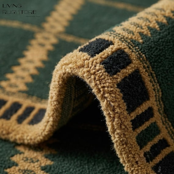 Hand Tufted Green Geometric Rug 8x10 Mustard Yellow & Forest Green Area Rug | Mid Century Modern Wool Rug for Living Room, Bedroom | Custom