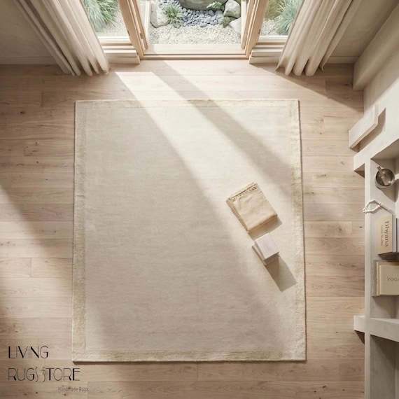 Cream Neutral Wool Area Rug, Hand-Tufted New Zealand Wool Cut Pile Rug, Modern Minimalist Off White Ivory Carpet for Living Room, Custom