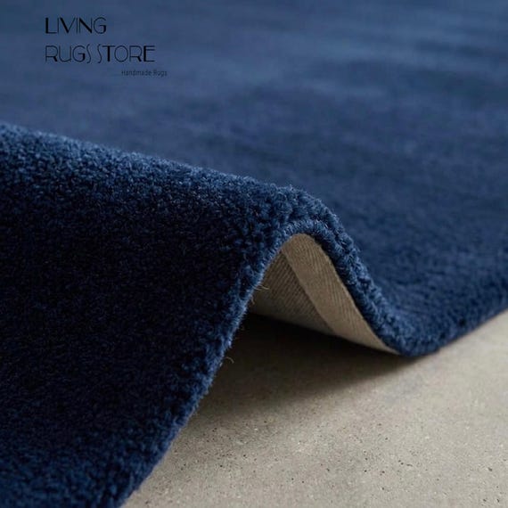Navy Blue Solid Wool Area Rug, 10x14 Hand-Tufted New Zealand Wool Cut Pile Rug, Modern Minimalist Midnight Blue Rug for Living Room, Custom