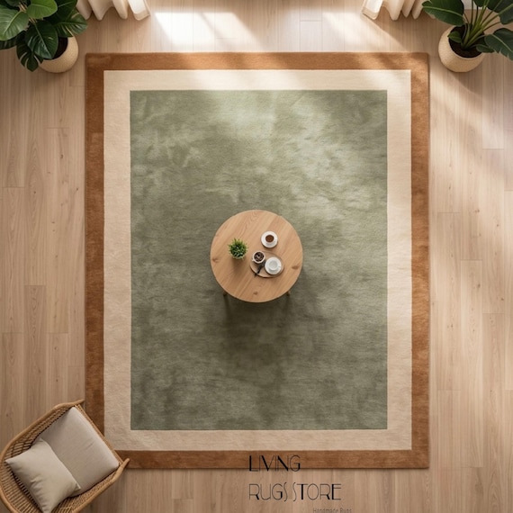 Sage Green Wool Area Rug, Hand-Tufted New Zealand Wool Cut Pile Rug, Double Border Olive Cream Brown Carpet for Living Room, Custom Sizes