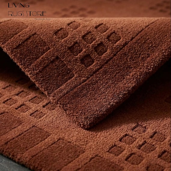 Terracotta Geometric Area Rug 8x10 Hand Tufted Wool Rug with Carved Squares | Mid Century Modern Rug for Living Room, Bedroom | Custom size