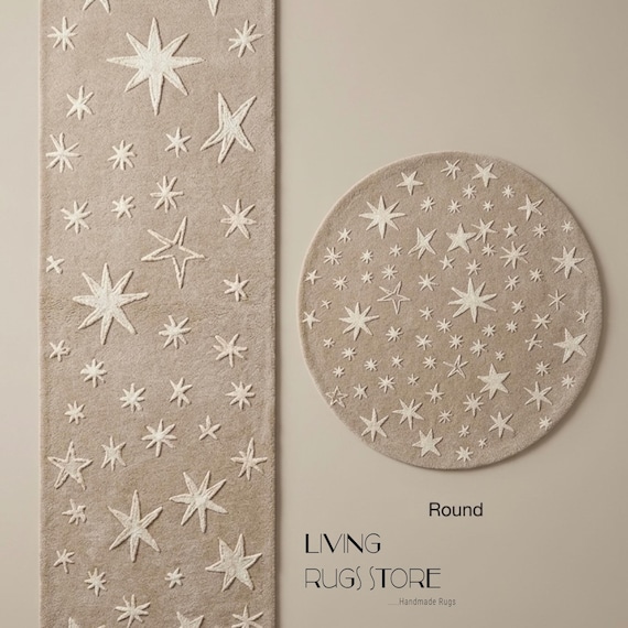 Neutral Star Pattern Area Rug, 8x10 Hand-Tufted New Zealand Wool Cut Pile Rug, 3D Sculpted Celestial for Living Room or Nursery, Custom