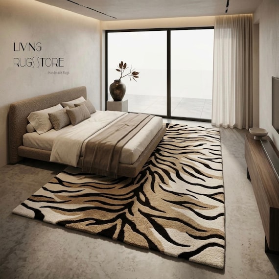 Tiger Stripe Wool Area Rug, Hand-Tufted New Zealand Wool Cut Pile Rug, Modern Animal Print Camel Black Cream Carpet for Living Room,