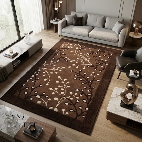 Chocolate Brown Wool Area Rug, Hand-Tufted New Zealand Wool Cut Pile Rug, Botanical Floral Branch Cream Brown Carpet for Living Room, Custom