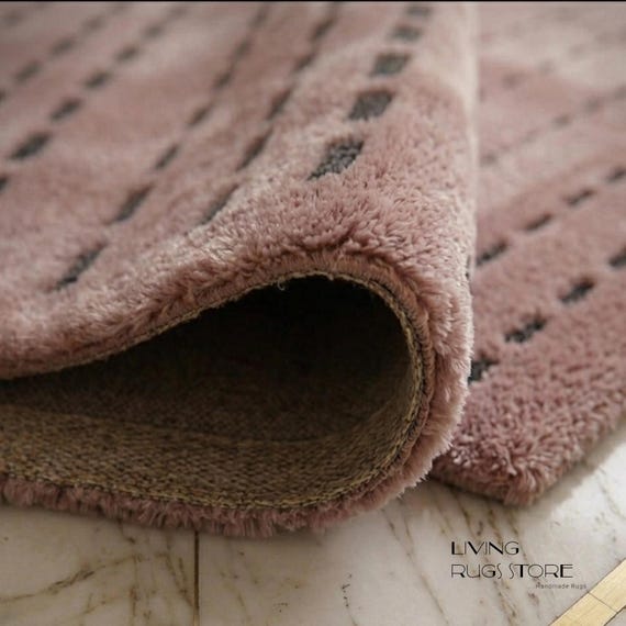 Blush Pink Hand Tufted Area Rug 9x12 Modern Minimalist Dash Pattern Carpet | Aesthetic Bedroom & Living Room Wool Rug | Custom Size Tufted
