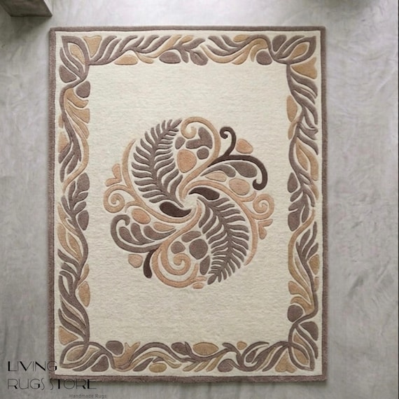 10x14 Neutral Earth Tone Floral Area Rug | Hand-Tufted Moroccan Rug | Embossing Pile Botanical Medallion Rug for Living Room, Bedroom 9x12