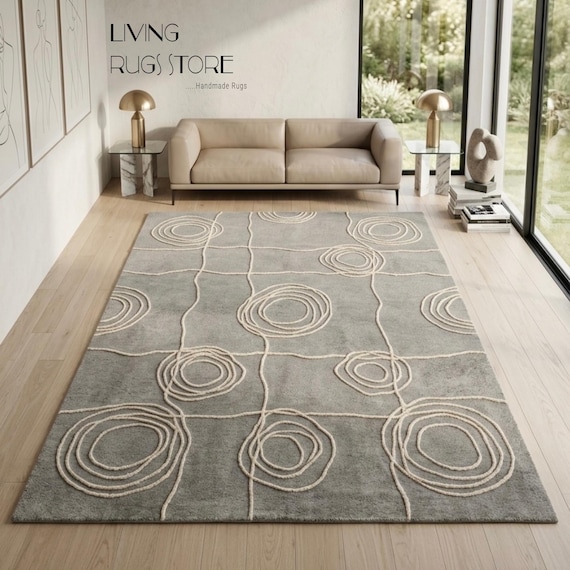 9x12 Grey and Ivory Abstract High Low Pile Area Rug Modern Geometric Hand Tufted Wool Rug | Custom Size Swirl Pattern Carpet for Living Room