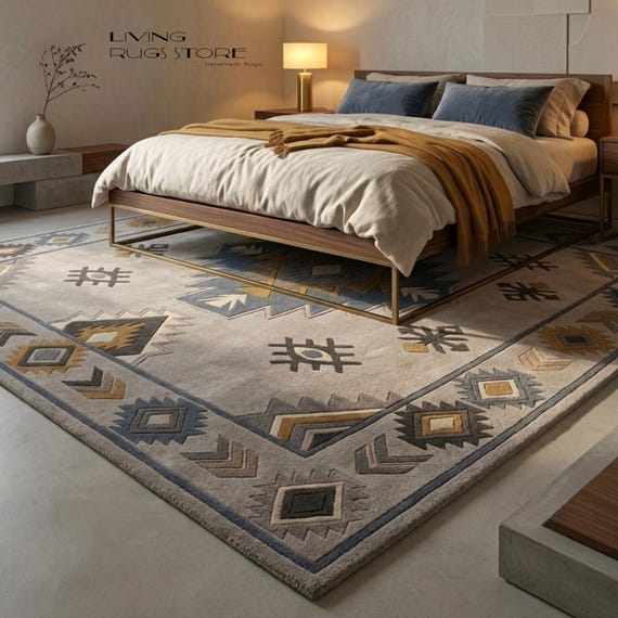 8x10 Hand-Tufted Geometric Area Rug | Southwestern Tribal Wool Rug for Living Room | Beige, Blue & Mustard Boho Bedroom Rug | Custom Size