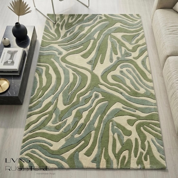 8x10 Green Wavy Hand Tufted Wool Rug, Modern Sage Green Organic Area Rug, Aesthetic Marble High Low Sculpted Rug, Custom Living Room Carpet