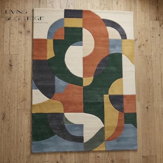 8x10 Abstract Geometric Area Rug | Mid-Century Modern Hand-Tufted Colorful Wool Rug | Living Room Bedroom Art Deco Carpet | Custom Size Rug