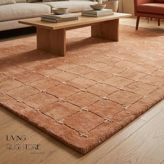 9x12 Terracotta Moroccan Rug | Deep Texture Grid Area Rug | Plush Boho Geometric Carpet | Burnt Orange Artisanal Custom Rug for Living Room