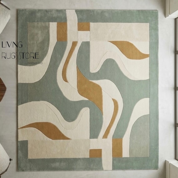 Abstract Sage Green Wool Area Rug, 8x10 Hand-Tufted New Zealand Wool Cut Pile Rug, Modern Mustard Gold Organic Geometric Carpet Custom Sizes