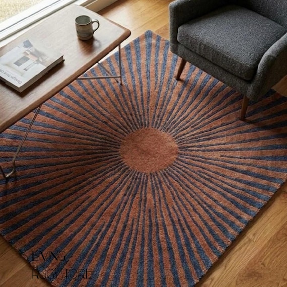 Sunburst Terracotta Wool Area Rug, 6x9 Hand-Tufted New Zealand Wool Cut Pile Rug, Modern Celestial Starburst Slate Blue Carpet for Living