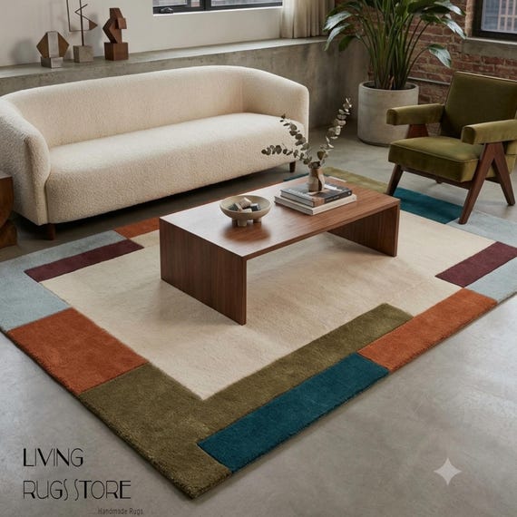 Cream Block Wool Area Rug, Hand-Tufted New Zealand Wool Cut Pile Rug, Bauhaus Geometric Border Carpet for Living Room, Custom Sizes