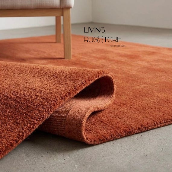 Terracotta Solid Wool Area Rug, Hand-Tufted New Zealand Wool Cut Pile Rug Modern Minimalist Burnt Orange Carpet for Living Room, Custom size