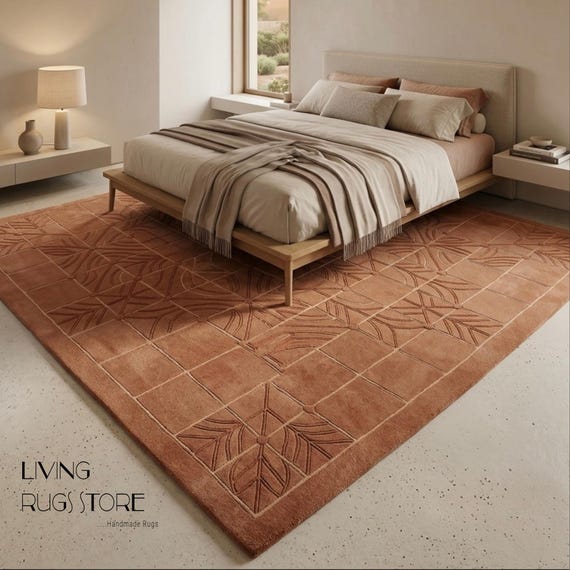 9x12 Terracotta Moroccan Rug | Deep Texture Grid Area Rug | Plush Boho Geometric Carpet | Burnt Orange Artisanal Custom Rug For Living Room