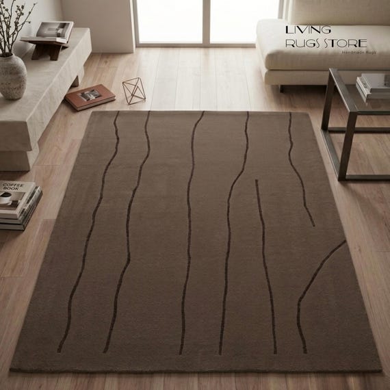 9x12 Minimalist Brown Wool Rug with Wavy Lines, Hand-Tufted Modern Area Rug, Earthy Neutral Decor for Living Room, Boho Bedroom & Custom
