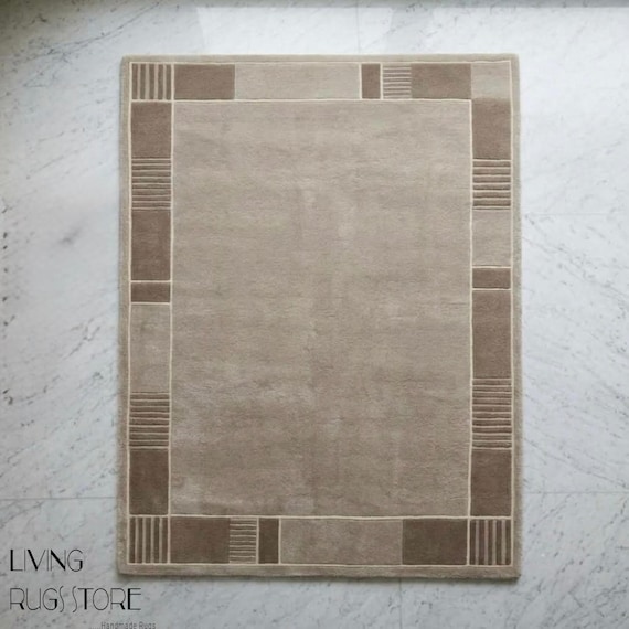 Taupe Beige Wool Area Rug, Hand-Tufted New Zealand Wool Cut Pile Rug, Modern Geometric Border Earthy Neutral Carpet for Living Room, Custom