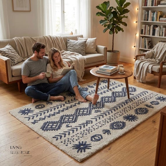 8x10 Southwestern Geometric Hand-Tufted Wool Area Rug | Cream & Navy Tribal Pattern Carpet for Living Room | Boho Bedroom Rug | Custom Sizes