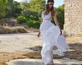 Abito da sposa lungo in chiffon bianco Abito da sposa lungo greco, Abiti da sposa Boho bianchi da spiaggia argento Abito greco fatto a mano con strisce