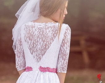 Abito da sposa in pizzo bianco Boho Boho per spose, abito da sposa lungo bianco semplice, abito da sposa manica 3/4 lungo, matrimonio Boho stile vintage