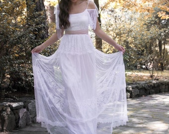 Abito da sposa Boho in tulle di pizzo bianco per le spose, abito lungo Gipsy in pizzo da sposa Boho Francia, abiti da sposa Off Shulder, abiti da sposa bianchi