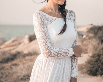 Robe de mariée en dentelle blanche Boho, robe de mariée simple, robe de mariée Boho à manches longues, robes de mariée longues, robe de mariée vintage pour les mariées