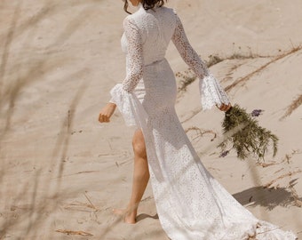 VIRGINIA High Neck Mermaid Lace Wedding Dress Bohemian, Open Back Wedding Deress, Beach Boho Wedding Dress, Cotton Lace Wedding Brides Gown