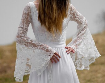 Mirella Boho Wedding Dress Ivory Lace Vintage Wedding Bohemian Gown, Gypsy Boho V Neclayn Wedding Dresses Long Chiffon Lace Wedding Dresses