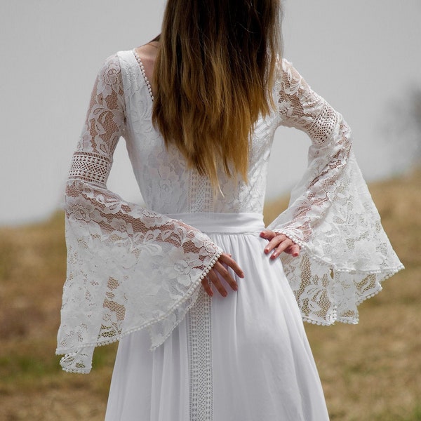 Mirella Boho Wedding Dress Ivory Lace Vintage Wedding Bohemian Gown, Gypsy Boho V Neclayn Wedding Dresses Long Chiffon Lace Wedding Dresses