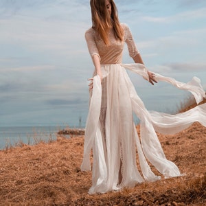 MELODY Handmade Sexy Leg Open Wedding Dress Bohemian Bridal Dress Lace, Boho Bridal Gown, Unique Ivory Wedding Dress, Beach Wedding Dresses