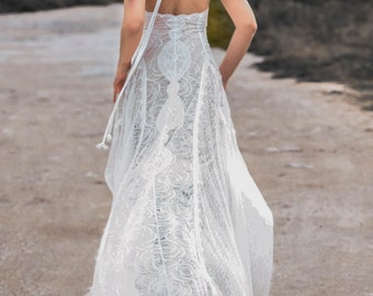 VIKONA Abito da sposa Boho con apertura sul retro in pizzo, Abiti da sposa Boho da spiaggia, Abito da sposa con strascico lungo, Abito da sposa alternativo