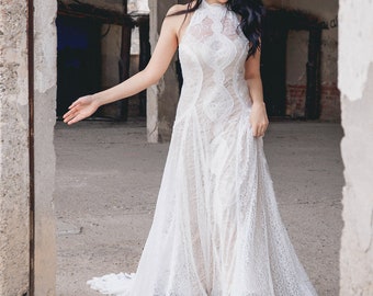 VIKONA Abito da sposa Boho con apertura sul retro in pizzo, Abiti da sposa Boho da spiaggia, Abito da sposa con strascico lungo, Abito da sposa alternativo